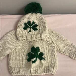 Hand-Knit Cream Sweater and Hat Set with Green Shamrock